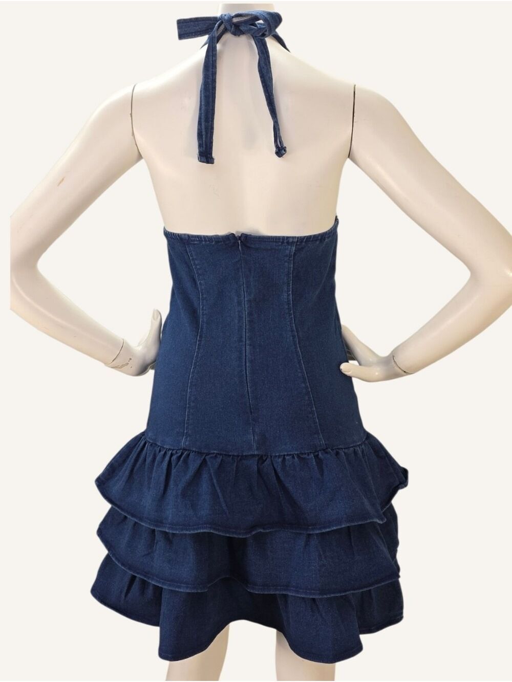 Denim Halter Ruffle Mini Dress Small Dark Wash Story On Coastal Cowgirl NWT - Picture 2 of 10